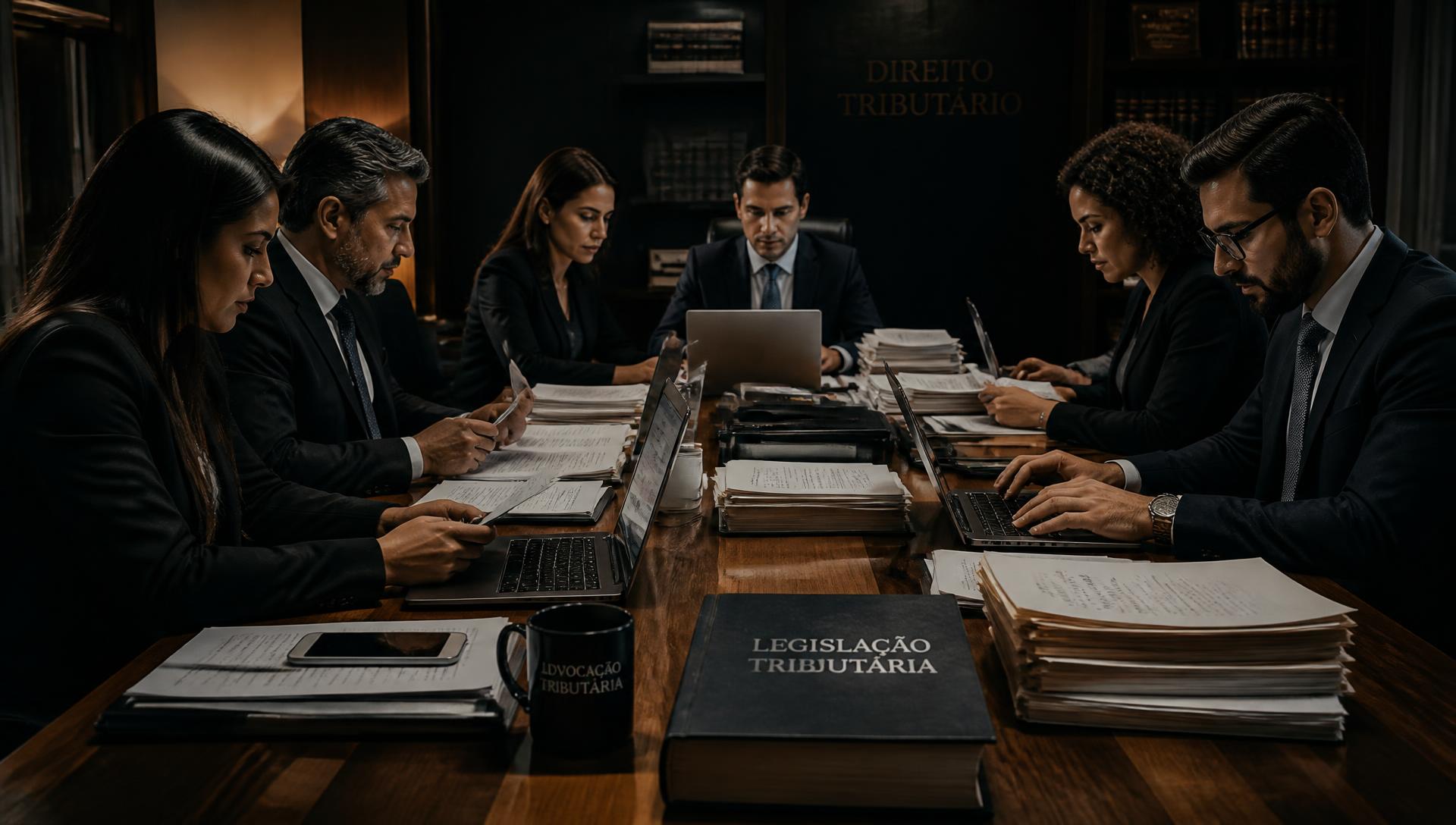 Equipe de advogados tributaristas trabalhando com documentos e computadores